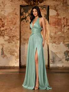 Summer Elegant Satin Mint Green Shiny Pleated Slit A-Line Maxi Dress, Evening Prom Gown For Women Wedding, Party, Vacation, Festival, Going Out - Mint Green - View 6