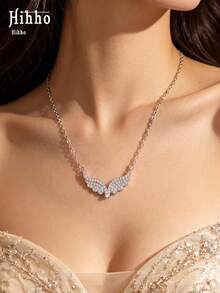 Hihho 1pc Luxury Full Zirconia Angel Wing Necklace, Wing Pendant Collarbone Chain, Elegant Versatile Jewelry For Women - Angel Wings - View 4