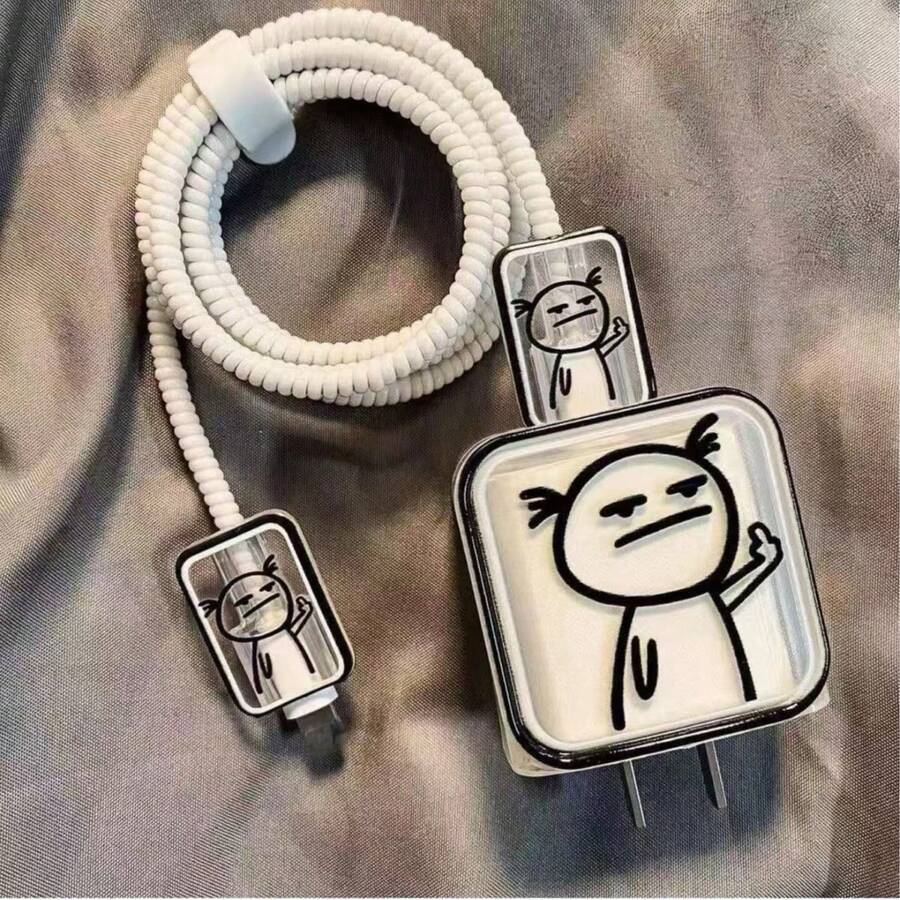 5 piezas/Set Protector de cable de datos con patrón de línea divertido, compatible con adaptador de cargador 18-20W, evita la rotura del cable - transparente - Ver 1