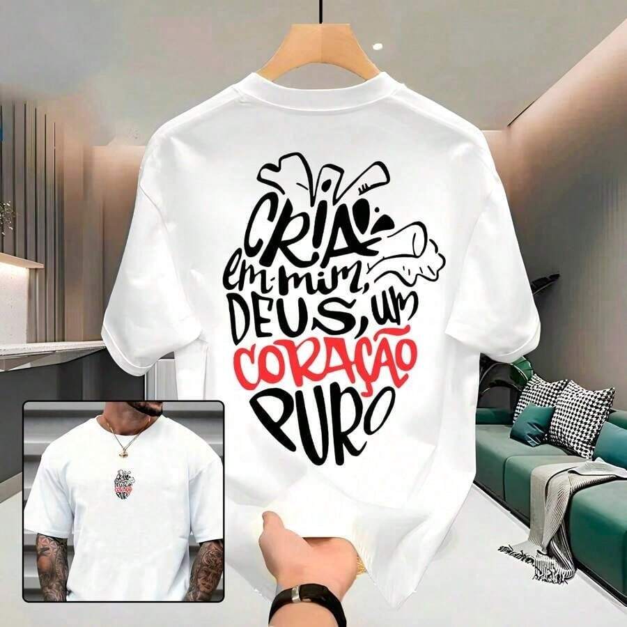 Camiseta de Cotton Algodón Algodón con Estampado de Corazón Hombre, Estilo Urbano, Unisex, Premium - Blanco - Ver 1