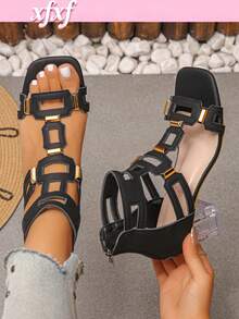 XfxfA Par de sandalias de tacón alto de moda para mujer con cremallera trasera blanca, transpirables con dedos expuestos, adecuadas para citas/compras/fiestas. - Negro - Ver 2