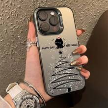 Christmas Tree Cat Phone Case For Apple 15Pro,  16Pro Max, Cute 14Pro, Christmas 13 - 彩銀殼-黑色-聖誕貓 - 查看 2