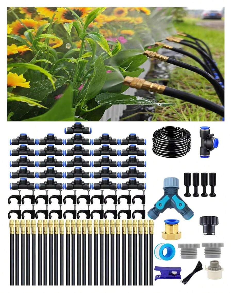 Drip Irrigation System - 360° Adjustable Micro Sprinkler Kit, Easy Tool-Free Installation, Fine Mist Spray For Potted Garden Plants, Greenhouse - 30米+26個噴霧噴嘴 - 查看 1