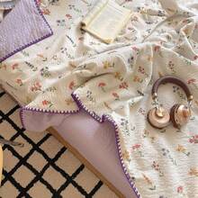 1pc Quilted Summer Air Conditioning Blanket With Hook And Lace Trim, Cute Pastoral Style, Soft And Comfortable Bedding, Suitable For Dorm, Bedroom, Apartment, Spring And Summer - Mauve Purple - View 8