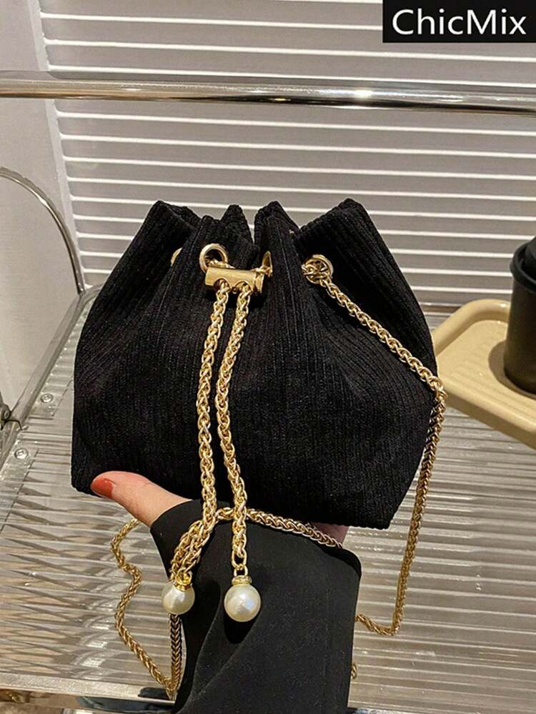 Bolso de cubo cruzado de unicolor con cordón y tejido calado, bolso pequeño, bolso de playa - Negro - Añade 2