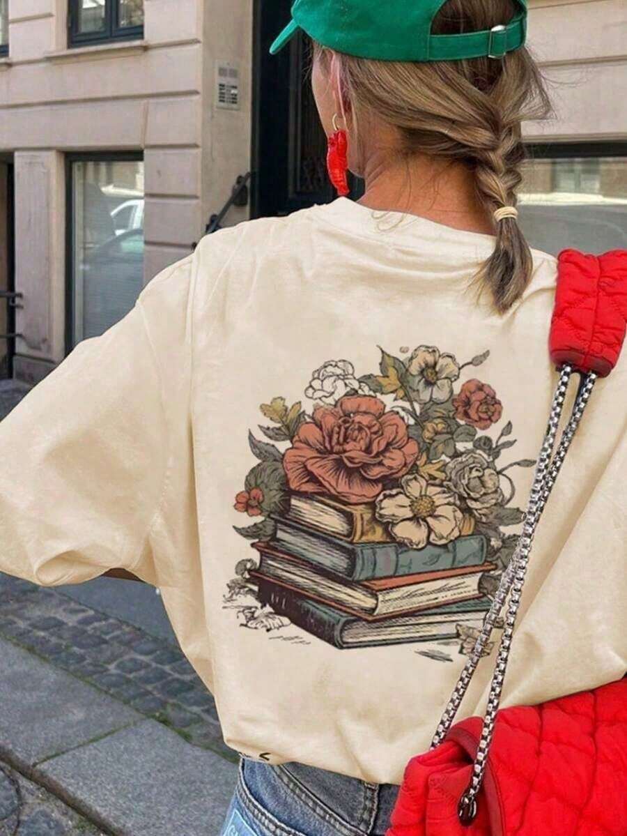 New Summer Arrival: Short Sleeve T-Shirt With Round Neck And Minimalist Floral Print, Versatile And Fashionable Casual Clothing For Women, Women's T-Shirts, T-Shirt Women, Mexico, T-Shirt - 白色 - 查看 1