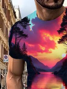 Camiseta Gráfica de Corte Holgado para Hombre con Diseño de Paisaje de Atardecer en un Río de Ensueño Simétrico - Impresión en Degradado Magenta-Cian-Naranja-Púrpura, Estilo de Arte Digital - Negro - Ver 5