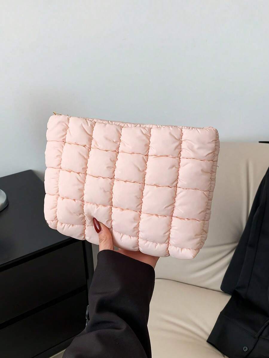 Bolsa de maquillaje con patrón de cuadrícula de moda, embrague casual, bolsa acolchada y cálida con costura elástica, organizador de maquillaje, bolsa de maquillaje pequeña y acogedora para