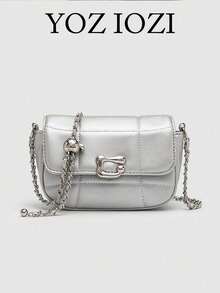 Bolso Casual Versátil de Color Sólido con Textura, Diseño de Nicho, Moda para Universidad/Trabajo, Bolso Cuadrado con Cadena Cruzada para Mujer - Gris - Ver 1
