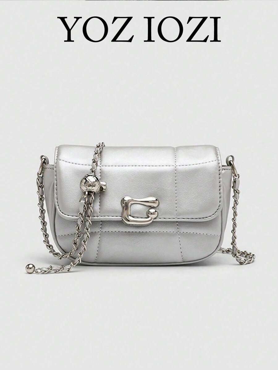 Bolso Casual Versátil de Color Sólido con Textura, Diseño de Nicho, Moda para Universidad/Trabajo, Bolso Cuadrado con Cadena Cruzada para Mujer - Gris - Ver 1