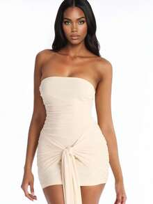 Vestido corto ajustado estilo europeo y americano, escote bardot con lazos y tul, look sensual y atrevido - Blanco - Ver 1