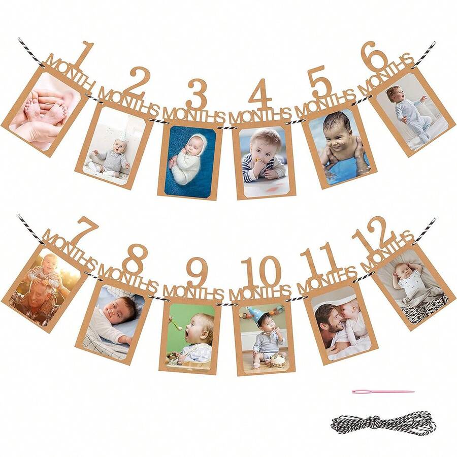 1pc First Birthday Banner, 1st Birthday Decoration, 1 To 12 Months Growth Photo Record Supplies, Black First Birthday Party Sign Hanging Banner - Numbered Versions 1-12 - View 1