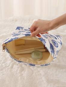 1 pieza Bolsa de almacenamiento cosmético portátil Serie Océano Patrón de concha & estrella de mar Impresión de doble cara Bolsa de maquillaje con cremallera para viaje Organizador multifuncional de artículos de tocador - Multicolor - Ver 2