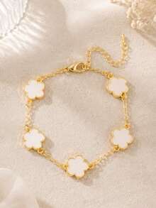 1pc Fashion Copper Flower Decor Chain Bracelet For Women For Daily Life Valentines,Mom,Mother,Mother's Day,Gift - White - View 4