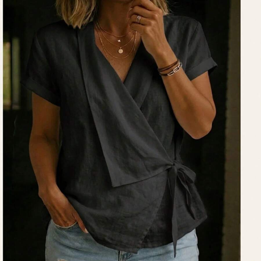 Blusa algodón lino tie-dye manga corta bajo irregular, verano 2026 mujer - Negro - Ver 1