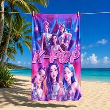1 pieza Toalla de playa con estampado de grupo de chicas K-POP multicolor, material de microfibra, secado rápido, suave y absorbente, adecuada para baño, playa, piscina, gimnasio, toalla de baño versátil de uso múltiple - Negro - Ver 18