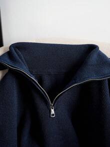 Navy Blue Half Zip Ribbed Knit Lapel Collar Drop Shoulder Long Sleeve Plus Size Plus Size Women's Casual Y2K Back To School Holiday Top Fall Winter - Navy - View 5