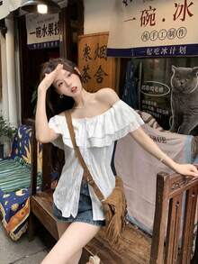 新款女款露肩短袖上衣，夏季成熟法式風開衩顯瘦設計小眾甜辣露肩上衣 白色 - 白色 - 查看 10
