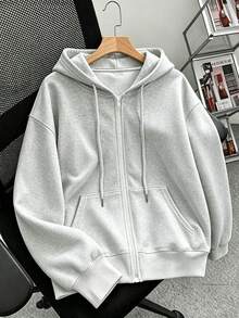 女款舒適灰色拉鍊連帽衛衣，秋冬長袖針織布休閒外套 - 灰色 - 查看 2