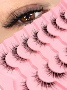 Asiteo 7 Pairs Cat Eye Natural Fluffy Cartoon Style Faux Mink Eyelashes, Transparent Stem, Eyelash Extension Effect Anime Eyelashes, Elongated Tail, Pure Girl Style Eyelash Extensions Makeup, Suitable For Daily, Party, Beach - 自然纖長款 - 查看 3