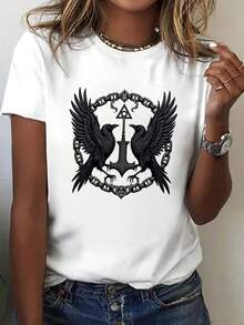 Playera con Diseño de Cuervos Hacha Cuello Redondo Básica Estilo Vintage Rock Urbano Moda Streetwear Aesthetic Uso Diario Verano Top - Blanco - Ver 1