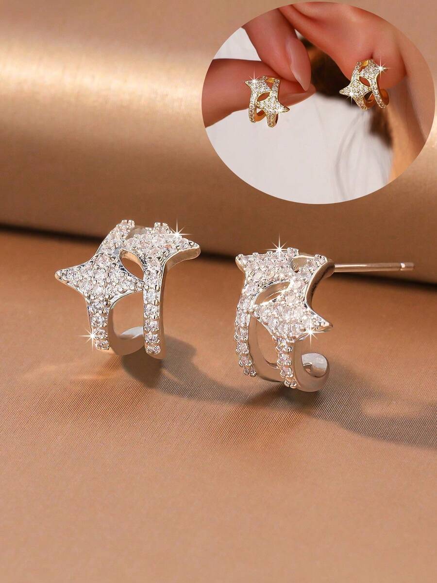 1 Pair Luxury European Style Silver-Plated Double Layer Star C-Shaped Hoop Earrings With Full Zirconia Stones, Suitable For Anniversary, Daily, Campus, Wedding And Other Occasions As Gifts For Friends - Star Earrings - View 1