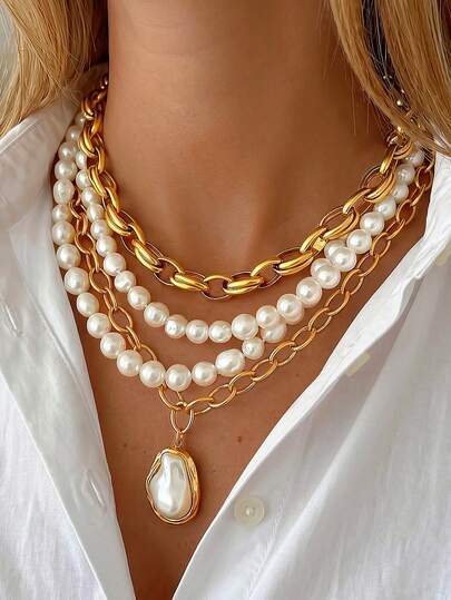 Conjunto de 4 piezas/1 pieza de collar largo de estilo bohemio vintage elegante y de moda, con colgante vertical de metal, perlas falsas, strass y borlas asimétricas, color dorado, cadena Y para clavícula, cadena para suéter, minimalista personalizado Y2K hip-hop de alta gama, multicapa apilable, versátil para mujer, ideal para verano, playa, vacaciones, fiesta, cita, uso diario y regalo