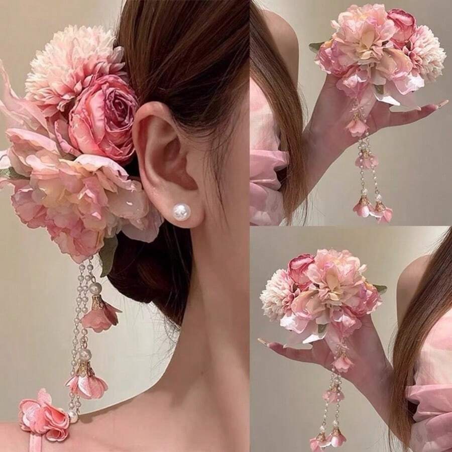 1件女款粉色花朵髮夾,3D花朵髮夾,適合四季,適合婚禮、攝影及日常髮型造型 - 粉色 - 查看 1