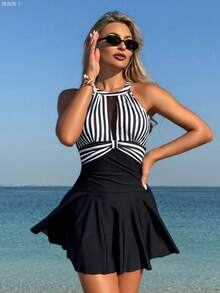 yonghongmaoyi1 Swim Lushoire Vestido de playa sin mangas con tirantes, de estilo de patchwork a rayas y de unicolor, adecuado para vacaciones de vera - Blanco y Negro - Ver 7