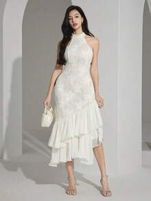 Vestido midi elegante de mujer con cuello halter, bajo con volantes y patchwork de jacquard - Albaricoque - Ver 7