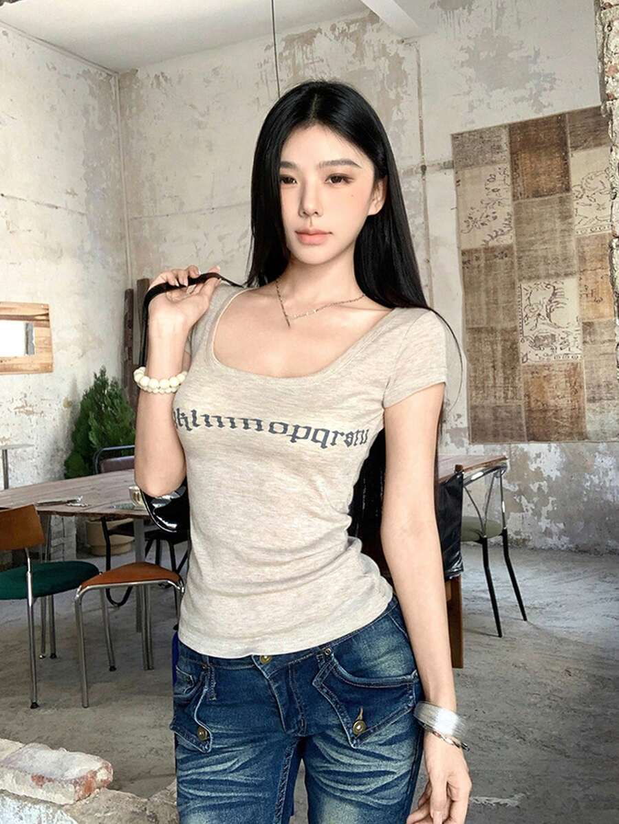 女款字母印花休閒百搭日常穿著夏季T恤 - 卡其色 - 查看 1