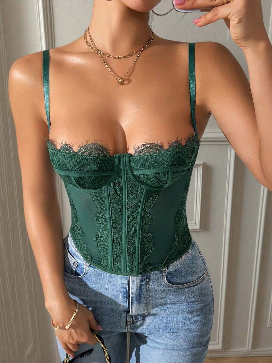 Sujetador sin costuras con tirantes finos de moda, top corto de encaje ceñido y sin tirantes sexy - Verde - Ver 1