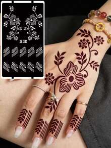 3pcs Set Hana Hand-Drawn Hollow Tattoo Stencils Floral Pattern Nail Art Tattoo - Sexy Floral Design, Suitable For Hands, DIY Painting, Ink, Reusable Mehndi Design Template Stickers - Black - View 2