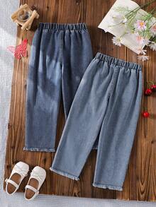 2pcs/Set Celana Panjang Denim Lembut dan Nyaman Bordir Stroberi Ceri untuk Balita Perempuan, Cocok untuk Pakaian Luar Ruangan Musim Semi/Panas - Dark Wash - View 2