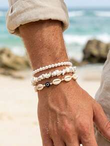 3pcs/Set Men's Beach Layered Bracelet Set: Seashell, Pearl, Evil Eye Stone Beaded Bracelets, Bohemian Style Vacation And Daily Wear Jewelry - White K - View 3