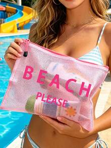 防水時尚沙灘包，印有「Beach Please」彩色圖案、棕櫚樹、海鳥、波浪圖案。大容量透明化妝包配尼龍拉鍊 - 輕量、春/夏收納，適用於游泳、沙灘、潛水和夏季度假、返校，輕量防曬收納包，適合朋友、家人、閨蜜、同學。完美的生日、節日、派對、婚禮（伴娘）禮物和紀念品，郵輪必備，夏季度假禮物 - 彩色 - 查看 7