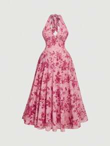 MOD Plus Size Floral Print Halter Midi Dress,Party Women Dresses,Pink Women Dresses,Sundress,Elegant Women Dresses,Pastel Women Dress,Butterfly - Azul - Ver 6