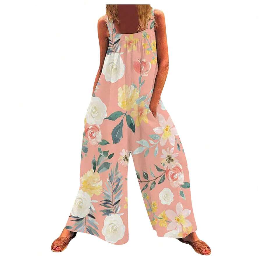 European And American Women's Fashion, New Summer 2026, Plus Size Jumpsuit With Print, Loose Straps And Wide Legs - L2 - 查看 1