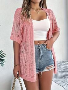 Plus Sizes - New For Summer: Women's Short Sleeve Openwork Cardigan, Loose Fit, Mid-Length, Lightweight And Breathable - 粉色 - 查看 3