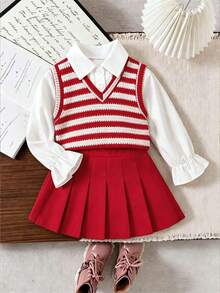 Baby Girl Red Striped Patchwork Long Sleeve Cuffed 2 In 1 Set Fashion Shirt And Red Pleated Skirt - Red - View 1