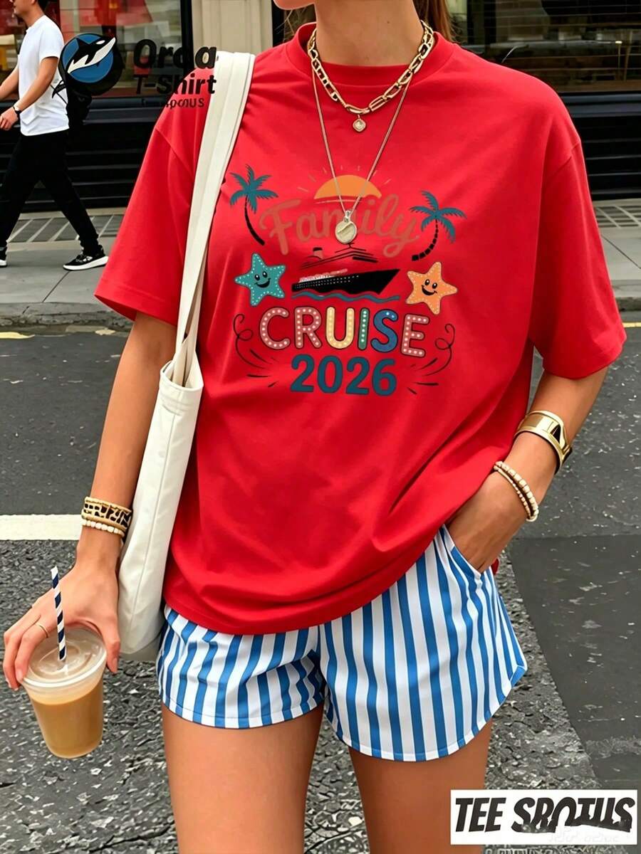 Women's Y2K Casual Summer T-Shirt 2026, New Women's Pure Cotton Crew Neck Short Sleeve T-Shirt With "Family Cruise 2026" Print And Text, Fashion Brand Top, Ad - 紅色 - 查看 1