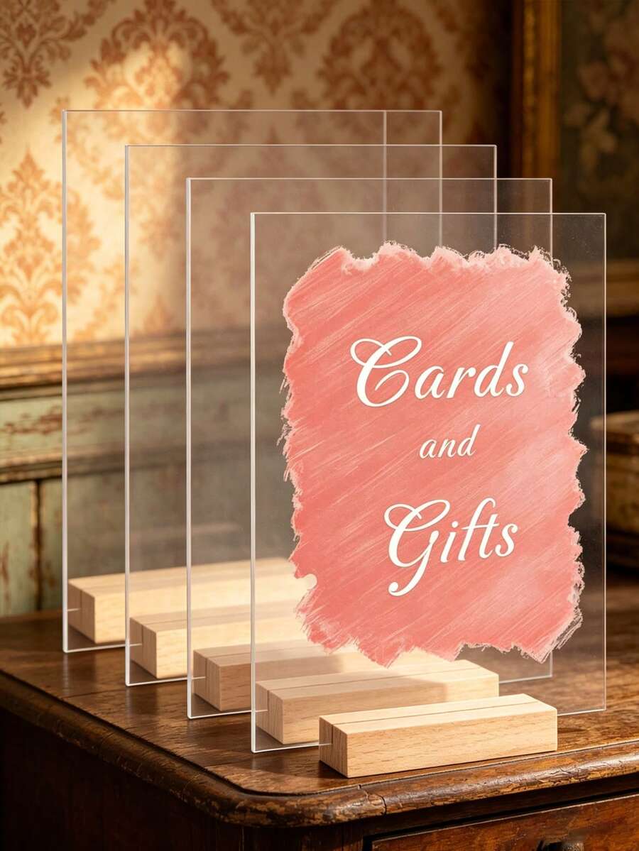 3 Packs Clear Acrylic Place Cards With Wooden Base - 3.9 * 5.9 Inch Blank Rectangle Table Number Signs Wedding Seating Guest List Cards For Party Banquet Menu Holder Desktop Display Stand - Multicolor - View 1