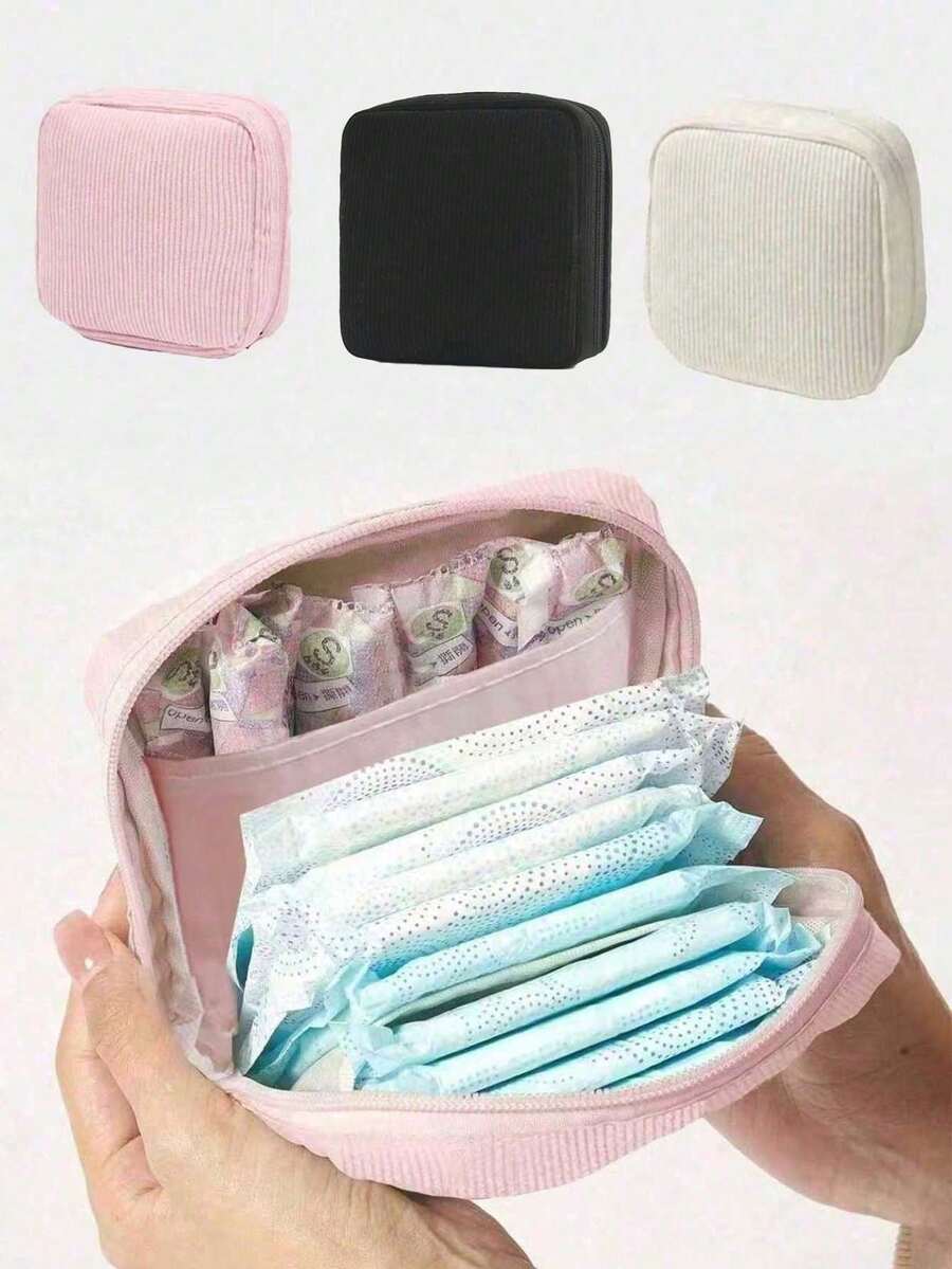 Sanitary Napkin Storage Bag, Fine Striped Corduroy Multi-Functional Portable Storage Pouch, Cosmetic Lipstick Bag, Large Capacity Can Store Sanitary Napkins, Coins, Cosmetics, Women's Essentials - Multicolor - View 1