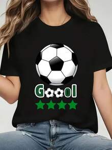 100% Pure Cotton, Bohemian Style, Bohemian Design With Football Print, Casual And Fashionable Style. Short-Sleeved Sports T-Shirt With Round Neck, Casual Short-Sleeved Top For Women. - 黑色 - 查看 2