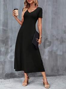 Casual V-Neck Short Sleeve Dress With Pockets. Solid Color, Machine Washable, Versatile For All Seasons. - 黑色 - 查看 9