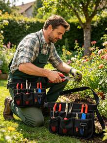 1pc Black/Green Gardening Tool Waist Bag, Solid Color Heavy Duty Practical Style, Waterproof Durable Oxford Fabric, Multi-Pocket, Adjustable Waist Belt Buckle, Hands-Free Storage Organizer Belt, Suitable For Lawn, Yard, Planting, All-Season Outdoor Use - Gardening Tool Waist Bag - View 3