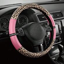 Leopard Print PU Leather Rhinestone Inlaid Patchwork Car Steering Wheel Cover, Non-Slip Wear-Resistant Inner Ring Grip, Fits 15inch Car, Unisex, Car Interior Accessory - Multicolor - View 6