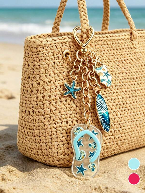 Starfish And Flip-Flop Pearl Shell Pendant Keychain, Fashion Alloy Keychain, Backpack Charm, Car Keychain, Suitable For Women's Daily Use, Couple Gift, Classic Minimalist Keychain, Decoration, Bag Accessory, Perfect For Beach Vacation, Beach Party Gift, Back To School Gift