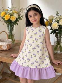 Vestido casual de gasa con estampado floral sin mangas para niña de vacaciones - Morado - Ver 1
