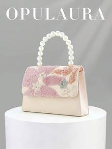 OpulAura 亮片刺繡花卉手提包，女款時尚亮片拼接手拿包，仿珍珠手柄設計，派對晚宴包，隨機剪裁，適合女性，適用於派對、婚禮、舞會、度假，完美搭配派對、婚禮、舞會晚宴/宴會，可搭配度假派對洋裝、晚禮服和亮片洋裝 - 粉色 - 查看 5